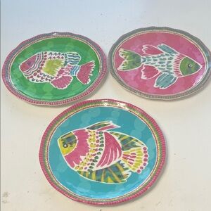 222 Fifth Set of 3 Colorful Melamine Fish Graphic Plates Dishwasher Safe
